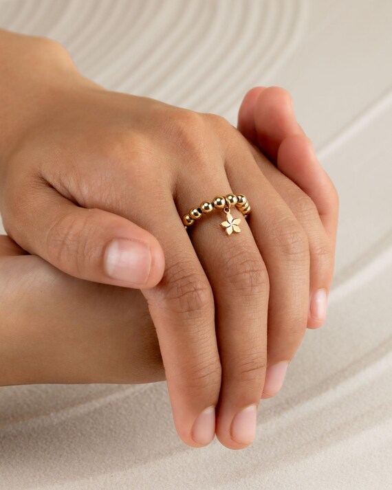 PLUMERIA CHARM BEADED ring • dainty friendship ring for her • hawaiian plumeria charm • stackable stretch water resistant • RIBP3MCAP