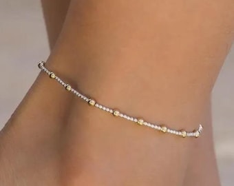 MIXED METAL ankle bracelet • sterling silver and 14k gold filled • two-tone anklet • stackable stretch • waterproof • 2 color ball beads