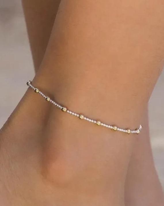 MIXED METAL ankle bracelet • sterling silver and 14k gold filled round beads • two-tone anklet • stackable stretch • waterproof • 2s4g