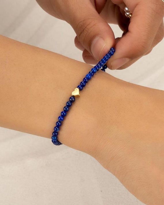 LAPIS LAZULI HEART beaded bracelet • waterproof • genuine gemstone • 14k gold filled or sterling silver • stretch • anniversary gift