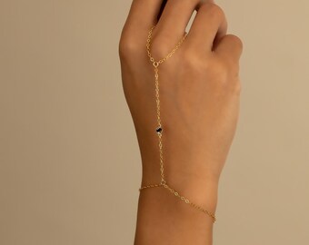 14K GOLD FILLED ONYX hand chain • dainty ring bracelet • water and tarnish resistant