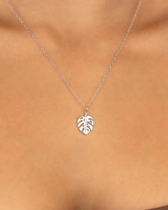 STERLING SILVER MONSTERA leaf pendant necklace • dainty gift for her • palm leaf tropical Hawaiian jewelry • water resistant • NECC3PCCG