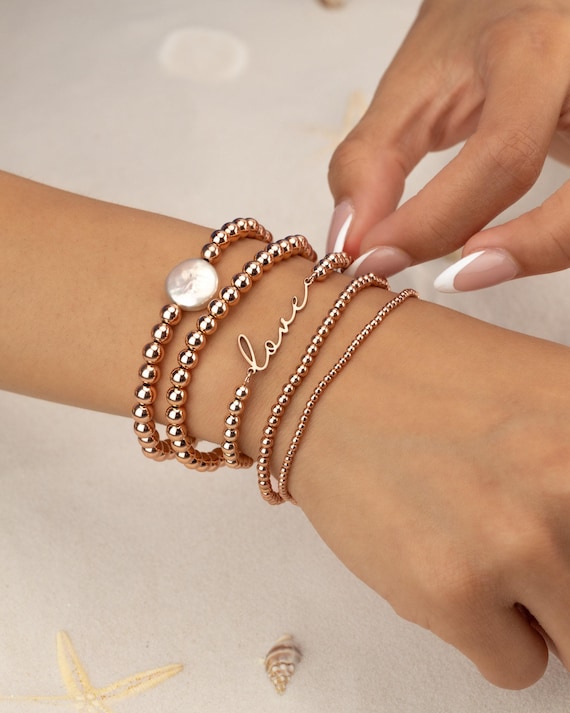 LOVE beaded bracelet • personalized jewelry • pearl bracelet stack • stretch and water resistant • bridal jewelry • wife or girlfriend gift