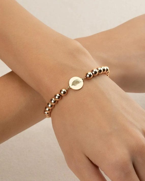 PALM LEAF CHARM beaded bracelet • gift for her • beach lover jewelry • stackable dainty bracelet • stretch and water resistant • BRBP3CH2BE