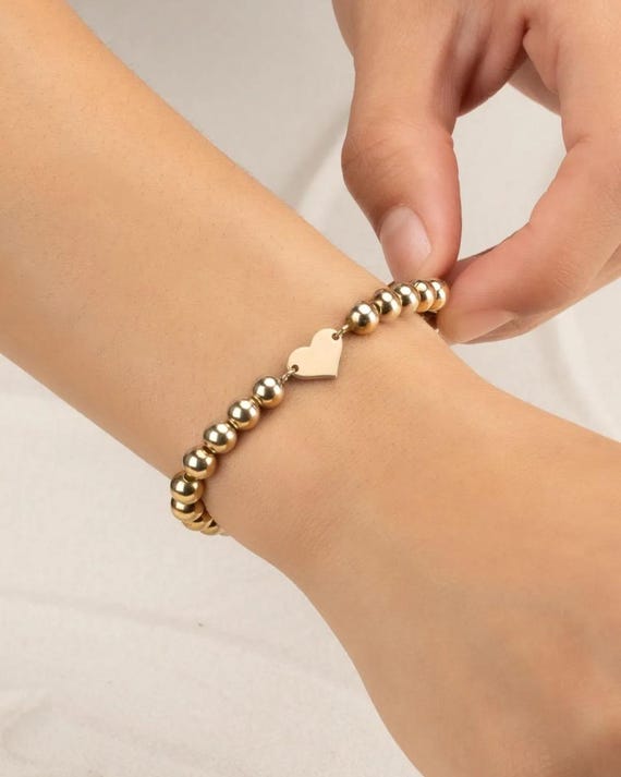 HEART CHARM BEADED bracelet • water resistant • wedding jewelry • stackable stretch • gold, rose or silver