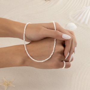 MOTHER of PEARL NECKLACE 3MM •  genuine June birthstone • Gemini Cancer birthday gift • beaded layering statement • water resistant