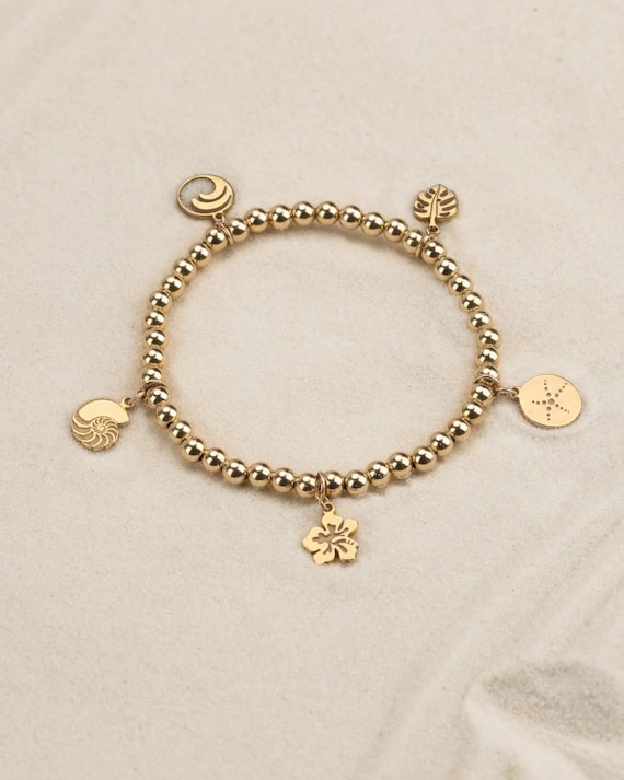 BEACH CHARM bracelet • 5 charm beach bracelet • hibiscus ocean wave starfish seashell monstera • Hawaiian jewelry • stretch water resistant
