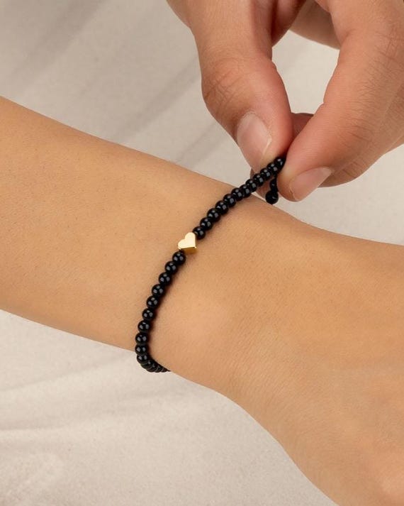 ONYX HEART beaded bracelet • waterproof • genuine gemstone • 14k gold filled or sterling silver • stretch • anniversary gift