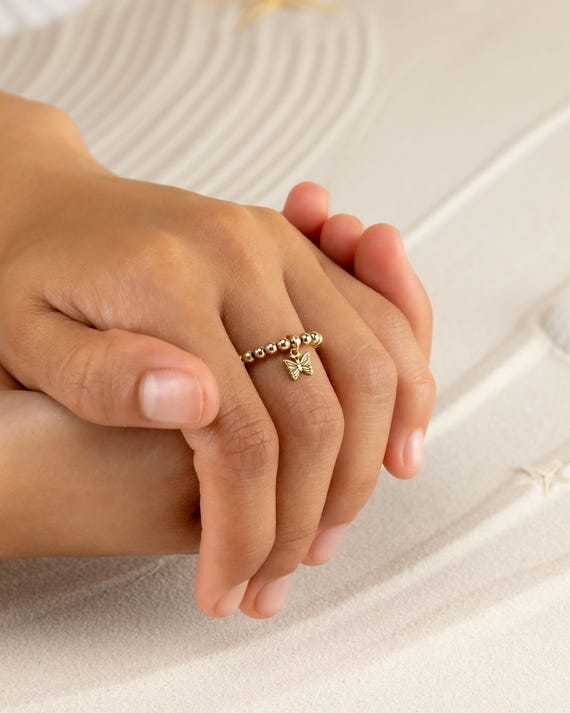 BUTTERFLY CHARM BEADED ring • 14k gold filled, rose or sterling silver • adjustable stackable stretch • water resistant