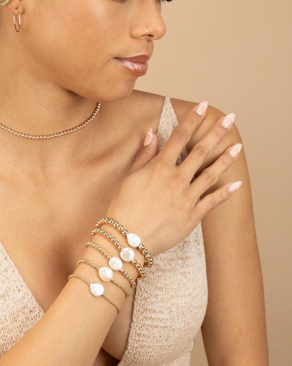 PEARL GOLD BEADED bracelet • dainty gold bracelet • rose gold sterling silver • stackable, stretch, water resistant • gift for her • BRBP2AN