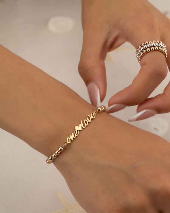 ONE LOVE BEADED name bracelet • best friend gift • pride bracelet • bridesmaid couple honeymoon • stretch and water resistant • BRBP3AICAp