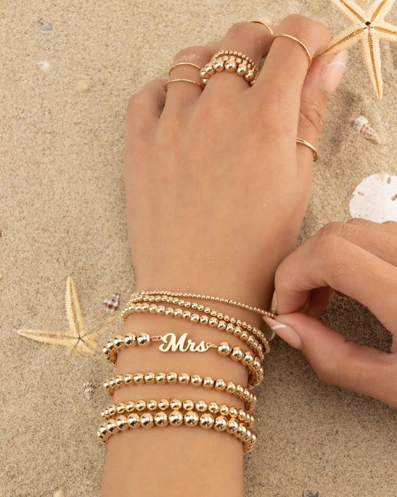 MRS NAME BEADED bracelet set • perfect gift for her • dainty bracelet stack • stretch and water resistant • wife bridal jewelry • BRBP3BHBAp