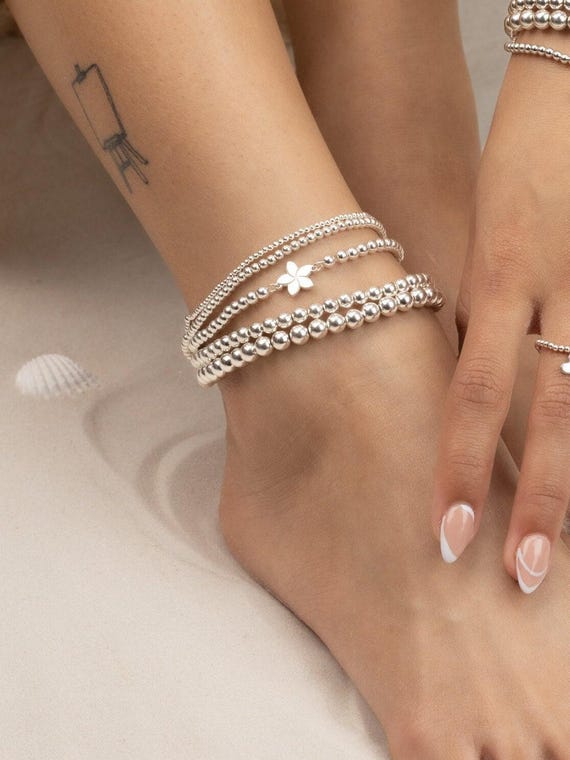 PLUMERIA FLOWER CHARM beaded anklet • gift for her • Hawaiian jewelry • stackable dainty anklet • stretch water resistant • ANBP3CH2AEp