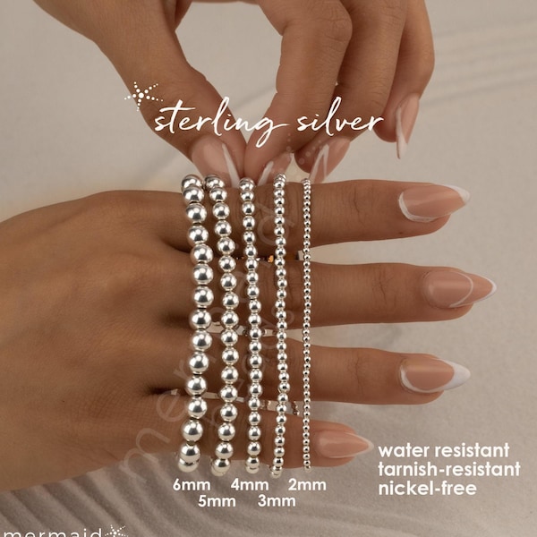 STERLING SILVER BEADED bracelet • stackable stretch • water resistant • non-tarnish