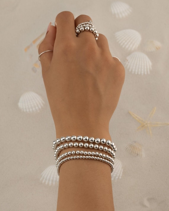 STERLING SILVER BEADED bracelet • stackable stretch • water resistant • tarnish-free
