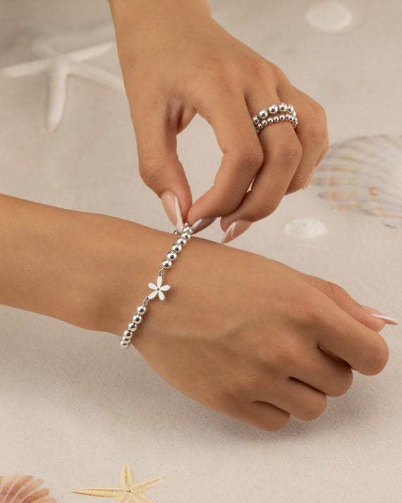 JASMINE FLOWER CHARM beaded bracelet • gift for her • beach lover • stackable dainty bracelet • stretch and water resistant • BRBP3CH2AG