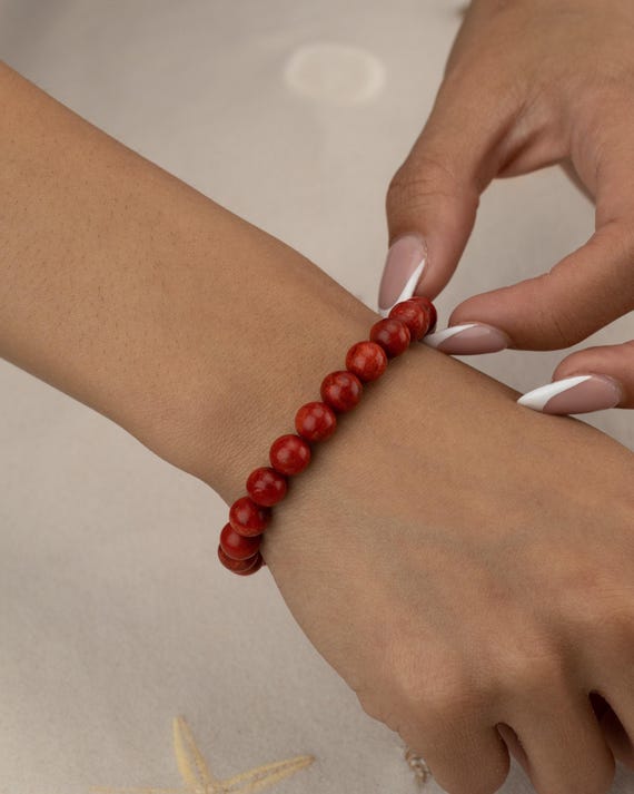 RED CORAL BRACELET 8MM • dainty bracelet jewelry • genuine healing stone perfect gift for her • stackable stretch water resistant • BRBS2AA