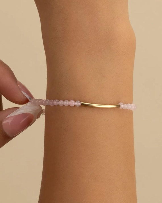 ROSE QUARTZ beaded bracelet with bar • genuine gemstone • 14k gold filled, sterling silver or rose gold filled • stretch water resistant
