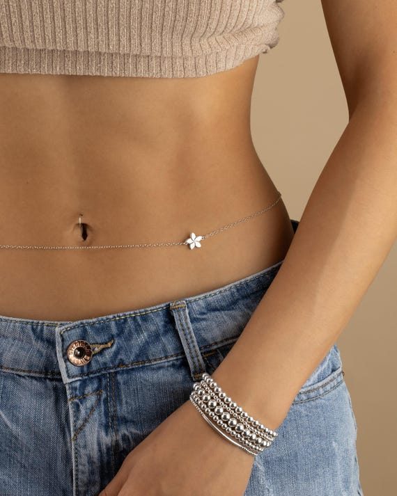 PLUMERIA CHARM BELLY chain • personalized body chain • bikini body jewelry • water resistant • gold sterling silver rose gold • BCCC3CH2AGp