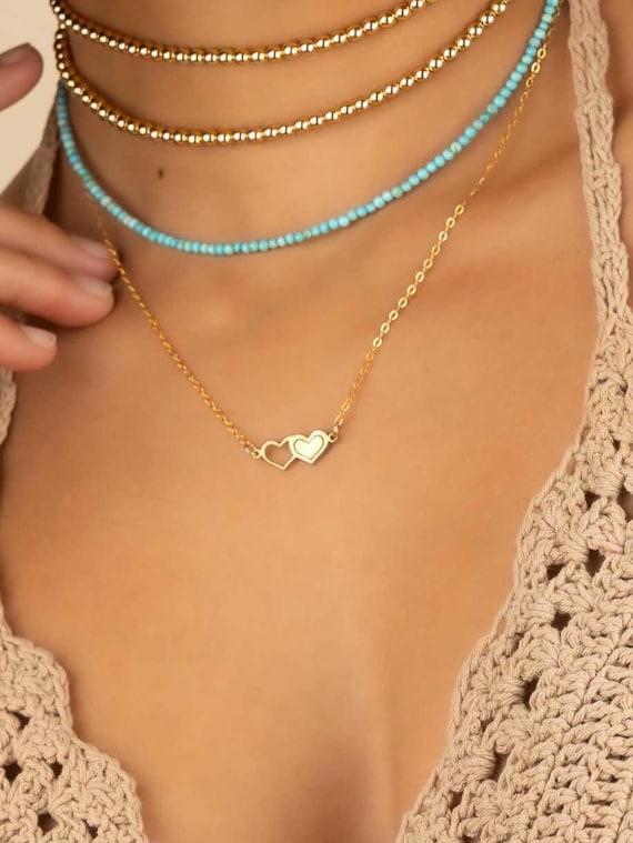 TWO HEARTS NECKLACE • dainty heart necklace • perfect gift for sister • friendship • layering necklace • water resistant pendant • NECC3PCCD