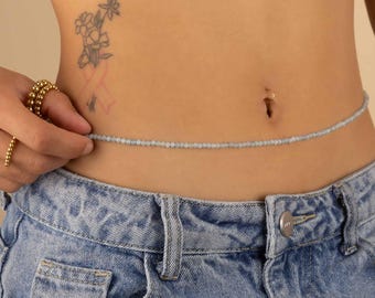 AQUAMARINE WAIST BEADS 3MM | beaded belly chain | March birthstone Aries Pisces | gift for her | adjustable and water resistant | BCBS2AC
