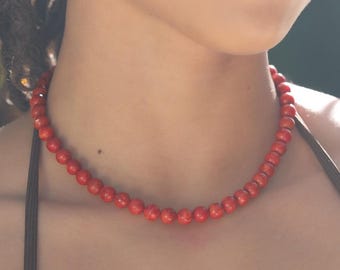 CORAL NECKLACE 8MM • genuine gemstone • red beaded jewelry • waterproof • anniversary birthday gift