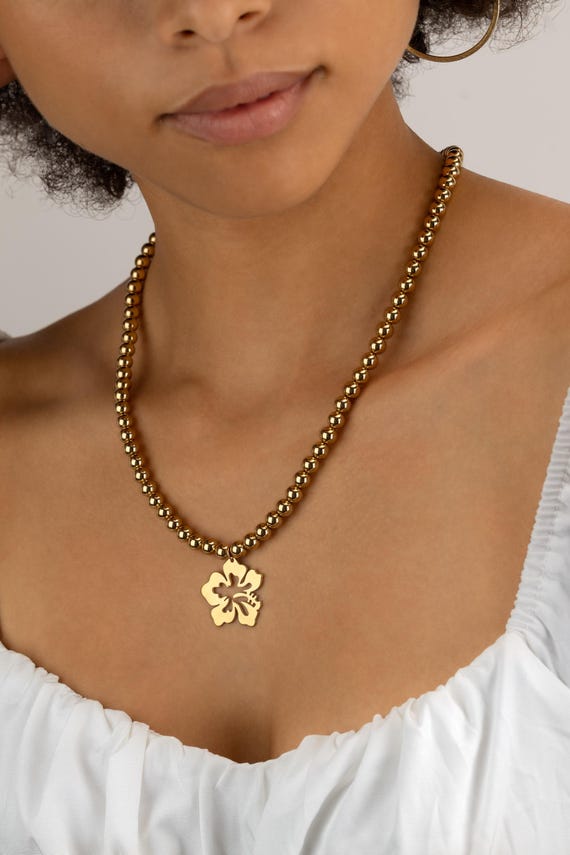 GOLD BEADED CHARM necklace • hibiscus flower • statement pendant • water resistant • 14k, rose or sterling silver • anniversary gift
