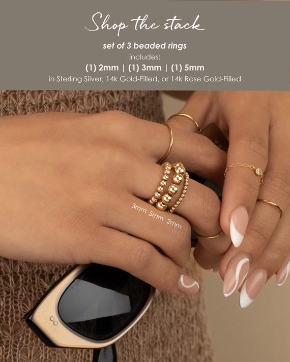BEADED RING STACK • 14k gold filled, rose or sterling silver • waterproof • mixed metal • stackable stretch • midi thumb toe
