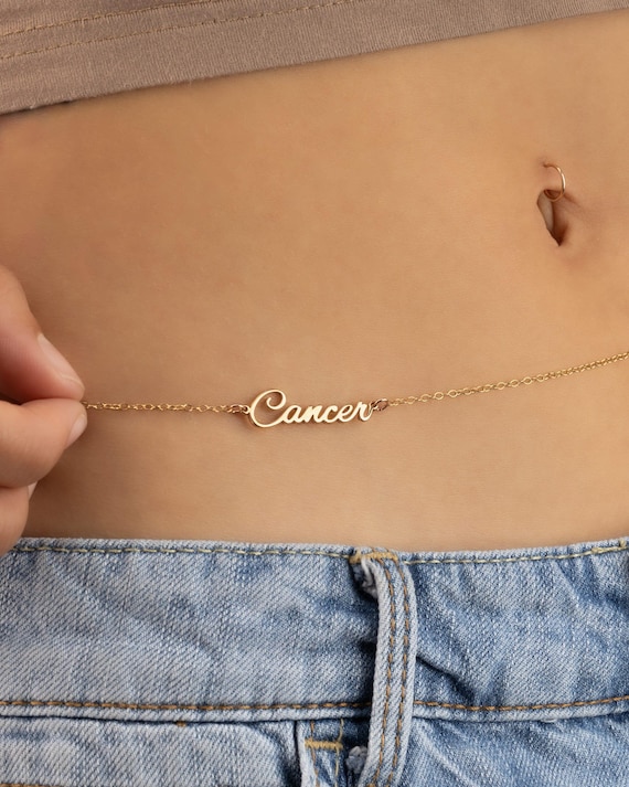 ZODIAC BELLY CHAIN • personalized birth sign body chain • bikini body jewelry • water resistant • astrology waist chain • Cancer BCCC3AJp