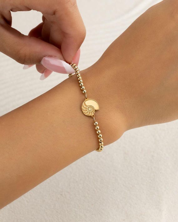 SEASHELL CHARM beaded bracelet • gift for her • beach lover jewelry • 14k gold filled or sterling silver • stretch • water resistant