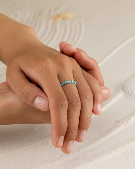 TURQUOISE RING 3MM • December birthstone beads Sagittarius Capricorn • dainty friendship ring • stackable stretch water resistant • RIBS2AT