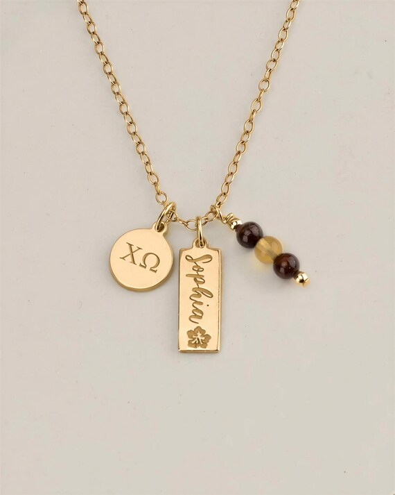 SORORITY CHARM necklace • personalized engraved pendant • genuine gemstones  • tag pendant • recruitment bid day initiation senior gift