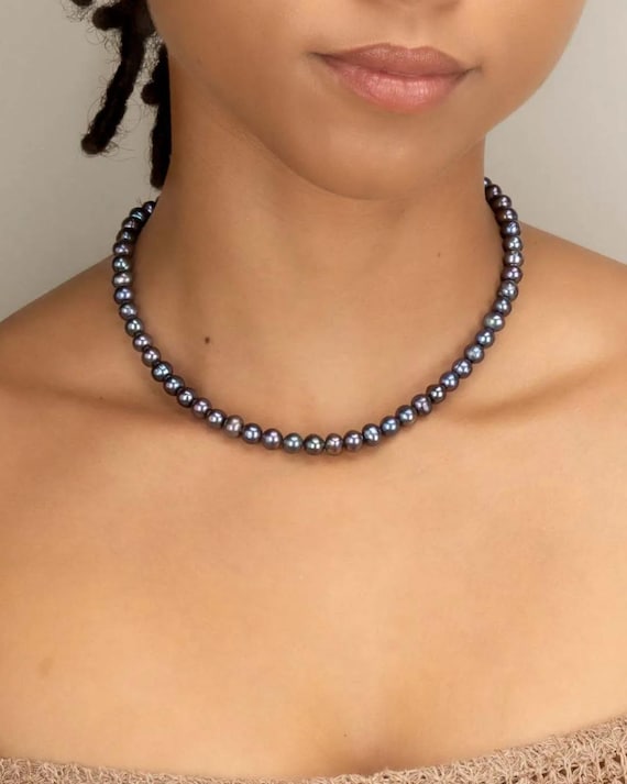 FRESHWATER PEARL NECKLACE • genuine blue black peacock pearl gemstones • blue beaded choker • water-resistant • statement jewelry