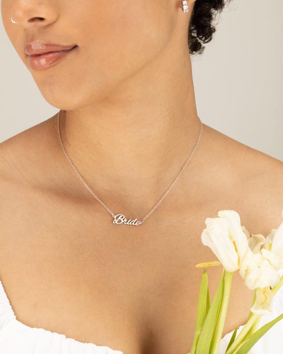 BRIDE PERSONALIZED NAME necklace • bridesmaids jewelry • bachelorette bridal shower gift • wedding party • water resistant • NECC3AGCAp