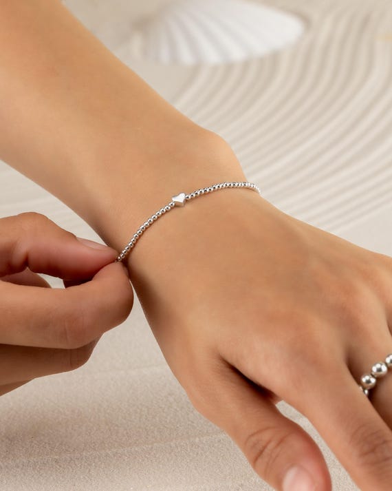 HEART BEADED BRACELET • 2mm bead dainty bracelet • 14k gold filled • sterling silver • stretch water resistant • gift for her • BRBP2BDAB