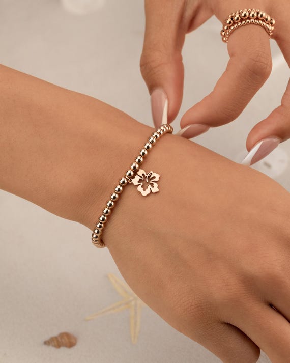 HIBISCUS FLOWER CHARM beaded bracelet • gift for her • Hawaiian jewelry • stackable dainty bracelet • stretch water resistant • BRBP3CHAEp