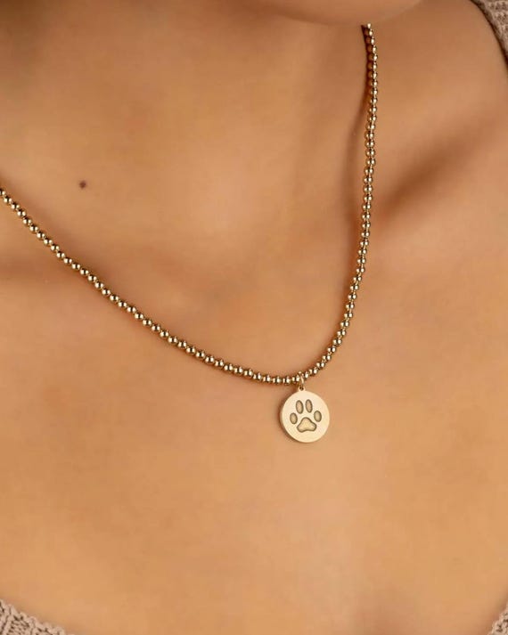 GOLD PAW PRINT beaded necklace • paw charm • animal lover pendant • dog or cat mom • kitty puppy jewelry • water resistant • pet memorial