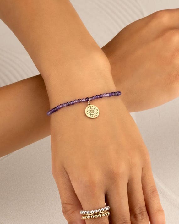 AMETHYST CHARM BRACELET • personalized charm • February birthstone • Aquarius Pisces • dainty bracelet • stretch water resistant BRBS3CHAGp