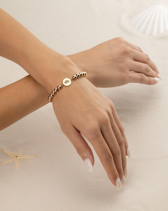 PALM LEAF CHARM beaded bracelet • gift for her • beach lover jewelry • stackable dainty bracelet • stretch and water resistant • BRBP3CH2BE