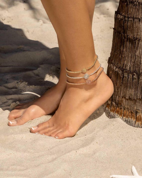 ZODIAC CHARM beaded anklet • perfect birthday gift for her • birth sign stackable stretch anklet or bracelet • water resistant • ANBP3CH2AIp