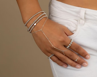 STERLING SILVER hand chain • simple delicate dainty ring bracelet • water and tarnish resistant