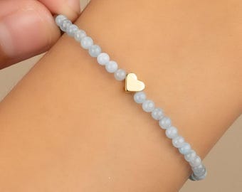 AQUAMARINE HEART beaded bracelet • tiny heart • genuine gemstone • sterling silver • gold filled • water resistant •