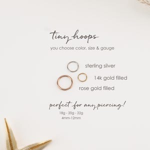 The image is a promotional material for tiny hoop earrings, featuring a close-up view of the earrings and their sizes.