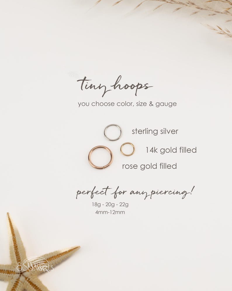 The image is a promotional material for tiny hoop earrings, featuring a close-up view of the earrings and their sizes.