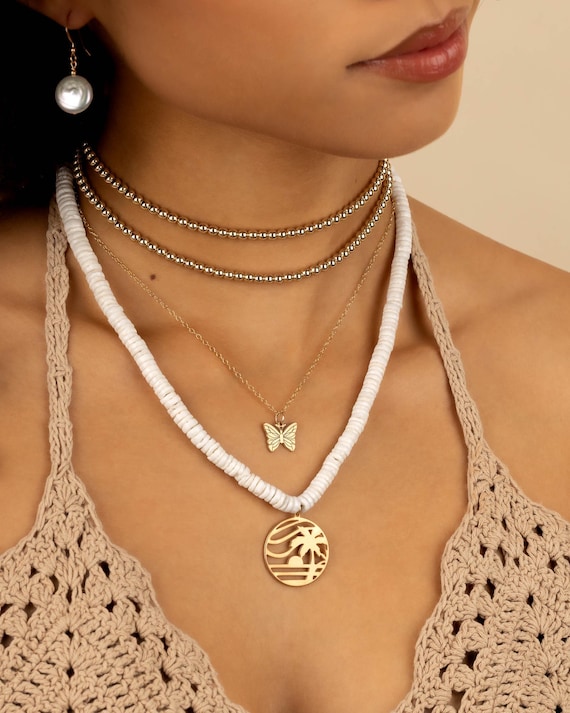 BEADED CHARM NECKLACE • white seashell heishi Hawaiian pendant • statement choker • beach wedding jewelry • water resistant