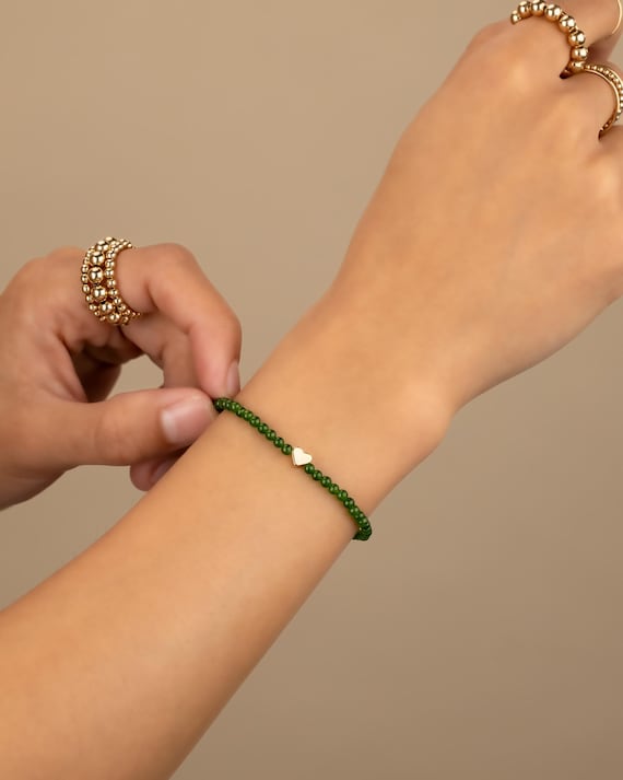 JADE HEART beaded bracelet • tiny heart bracelet • genuine green jade • Sterling silver gold filled gift • stretch water resistant BRBS2BDAD
