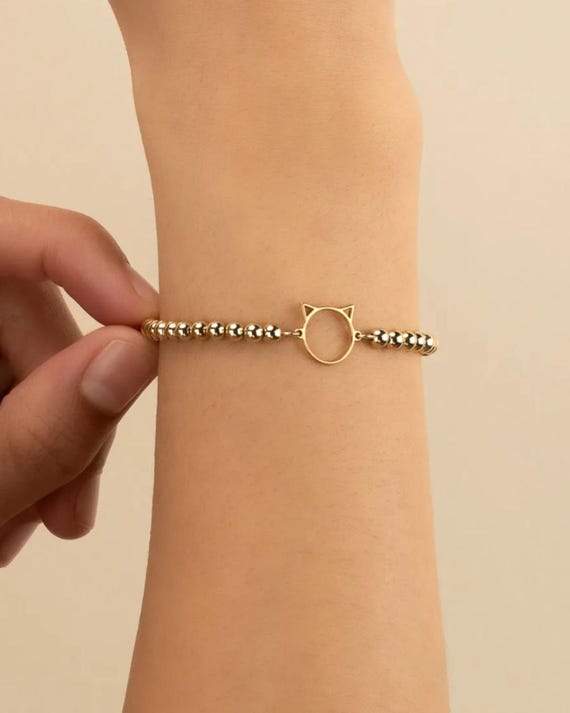 CAT HEAD charm beaded bracelet • perfect gift for cat mom pet lover • paw print charm • pet memorial gift • stretch water resistant