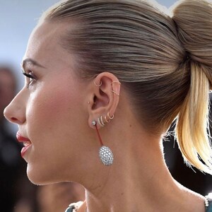 May include: A close-up of a person's ear with multiple gold hoop earrings and a single diamond earring. The earrings are in the shape of circles and are arranged in a row. The diamond earring is at the bottom of the row and is the largest of the earrings.