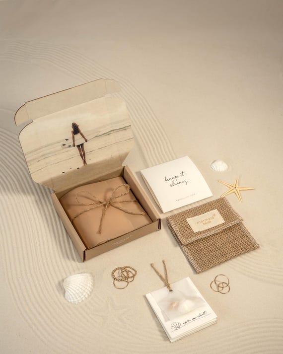 SMALL JEWELRY BOX • gift box •  velcro travel pouch • microfiber polishing cloth • seashells • jewelry care instructions • gift packaging