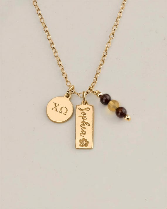 SORORITY CHARM necklace • personalized engraved pendant • genuine gemstones  • tag pendant • recruitment bid day initiation senior gift